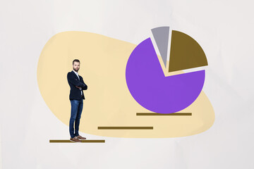 3d pop image zine art collage of happy businesswoman businessman stand career ladder development diagram statistics progress