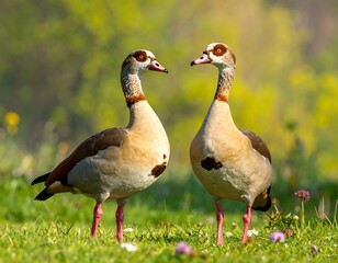 Obraz premium Two graceful geese in a spring meadow