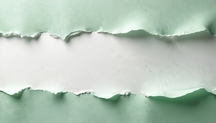Fototapeta premium Two pastel light green paper pieces neatly torn. Creates horizontal opening, revealing clean white blank copy space. Jagged textured edges cast natural shadows. Perfect backdrop for creative ads,