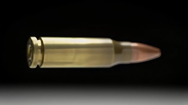 A close-up, studio-lit image of a single golden bullet with a copper tip against a dark gray gradient background