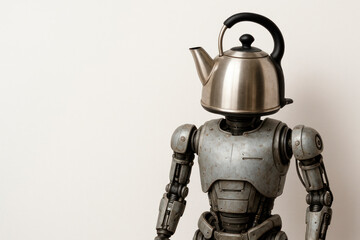 Naklejka premium A robot with a kettle instead of a head. Space for text.