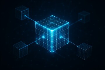 Abstract glowing blue cube structure with interconnected nodes and digital data streams against a dark background representing artificial intelligence