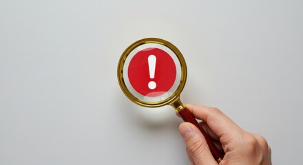 Hand holding a magnifying glass over a red exclamation mark, symbolizing error, warning, or important notification