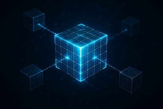 Abstract glowing blue cube structure with interconnected nodes and digital data streams against a dark background representing artificial intelligence