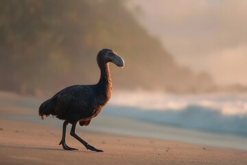 Fototapeta premium Realistic digital artwork of a dodo bird walking along a sandy beach at sunset. The extinct bird is depicted in a natural tropical environment with warm golden light and ocean waves, creating a nostal
