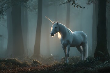 Majestic white unicorn standing in a mystical forest with soft magical light, fantasy creature in enchanted woodland.