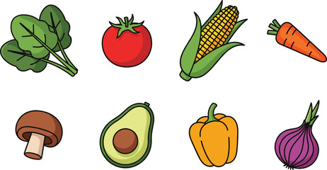 Vegetable and fruit illustration, fresh produce, healthy food, organic ingredients, kitchen prep, nutrition asset, cooking concept, colorful grid