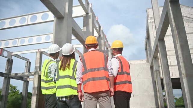 Four engineers are inspecting the structure of a building under construction and planning an extension