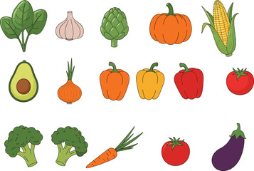 Vegetables and fruits illustration, fresh produce, healthy food, organic ingredients, kitchen prep, nutrition asset, colorful grid, cooking concept