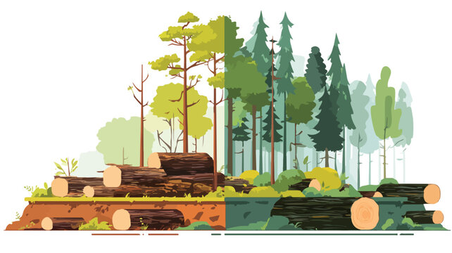 Deforestation Scene with Chopped Tree in Flat Vector Style