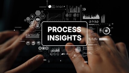 Hands Typing on a Keyboard Surrounded by Data Visualization Elements for Process Insights Analysis. Asymptotic smart data analytic.