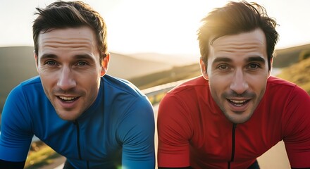 Joyful and determined, two men in cycling gear enjoy an exhilarating outdoor ride, capturing the essence of active living and shared passion for sport under the warm glow of the sun