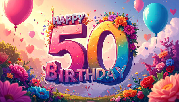 image celebrating a 50th birthday, filled with colorful balloons