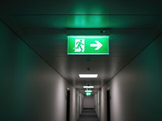 Bright emergency exit sign glows on ceiling, directing toward safety through illuminated corridor
