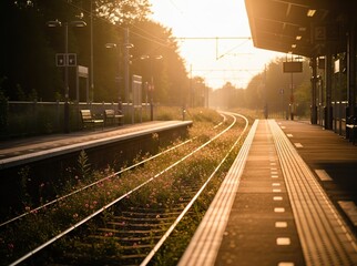 Golden morning sunlight bathes empty station as tracks disappear into nature???s calm setting