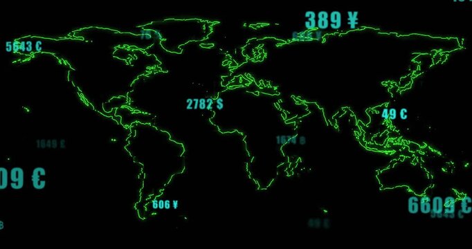 Neon-green wireframe map fading in turquoise currency values updating cycling showing global data
