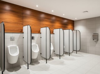 Modern restroom with row of urinals and wooden panel walls in office setting