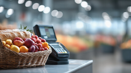 Supermarket checkout basket fresh produce bread loaf payment terminal grocery counter retail fruit apple pear tomato soft bokeh bright light