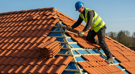 Roofing Contractor Installing Red Tiles