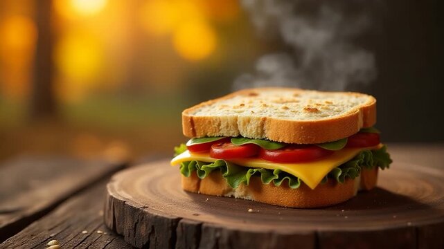 Freshly made sandwich on a rustic wooden plate, ideal for food blogs and lifestyle images