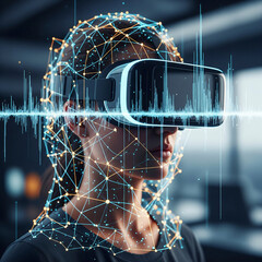Profile of a Woman in a Virtual Reality Headset Interacting with a Futuristic Interface of Glowing Data and Connectivity Lines