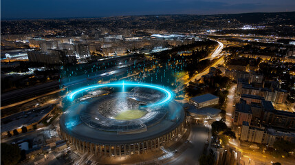Drone rotation highlighting sports complex skeleton with AR projection of final stadium.