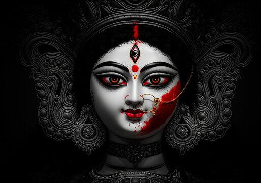 Goddess Durga face black and white, and red vermilion on durga face, celebrating the festival of Durga Puja, Vijaya Dashami