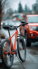 Obraz premium Urban street orange mountain bike parked car rainy day wet pavement city traffic commuter scene modern bicycle