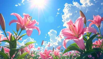 A vibrant field of pink lilies basks under a brilliant sun, against a backdrop of a bright, partly cloudy blue sky © Reno