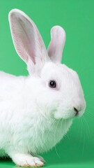 Obraz premium White Rabbit with Long Ears and Soft Fur Isolated on Green Background for Pet Animal Object and Mammal Concept
