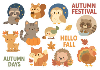 秋を楽しむ動物キャラクターセット、Autumn Animal Character Set