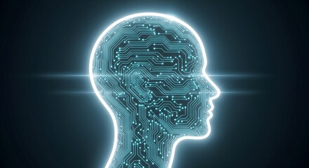 Obraz premium Human head outline with circuit board pattern symbolizing artificial intelligence on a dark background.
