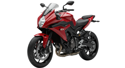 Modern sport motorcycle, glossy red & matte black, sleek futuristic design, LED headlights, isolated on seamless transparent studio background with no shadows, concept of precision, high performance