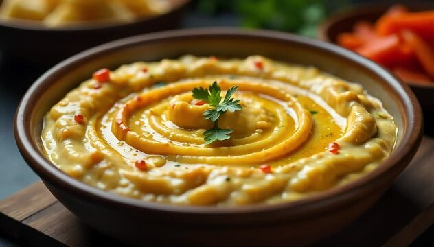 Thick baba ganoush dip swirling in bowl under warm soft kitchen lighting 