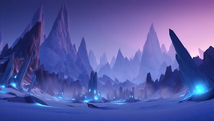 Enigmatic icy landscape with sharp peaks and mysterious blue glow