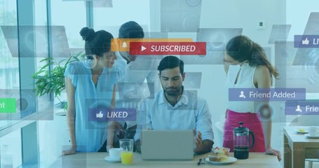 Coworkers clicking subscribe prompt on laptop confirming subscription with like alerts in tech