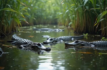 Alligators swim in swampy water. Reptiles float among reeds. American alligators bask in sun. Water reflections ripple around animals. Wildlife scene in natural habitat. Predators in murky pond watch.