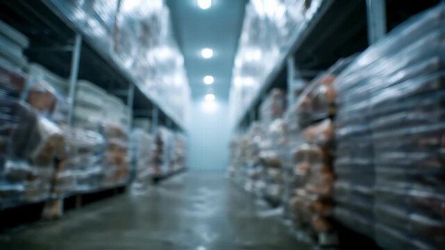 Medium shot capturing rows of frozen seafood packages including shrimp fish and crab centered focus on frostcoated products with the storage room softly out of focus.