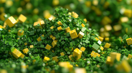 Vibrant collection of green and yellow cubes creates dynamic, abstract landscape, evoking sense of movement and energy. cubes vary in size, adding depth and texture