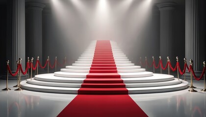 Red carpet leads up staircase under spotlights. White marble columns and barriers create elegant atmosphere. Ceremony or event setting. Focus on success achievement award winner gala