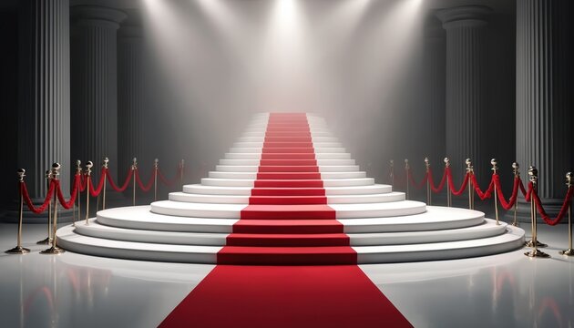 Red carpet leads up staircase under spotlights. White marble columns and barriers create elegant atmosphere. Ceremony or event setting. Focus on success achievement award winner gala