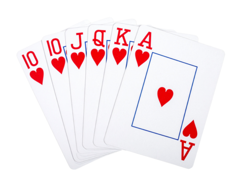  Red Hearts Royal Flush Poker Hand Isolated on Transparent Background