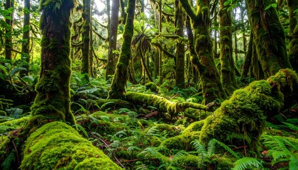 Obraz premium Lush, mossy forest floor bathed in sunlight