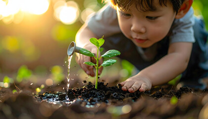 Nurturing Life: A young child attentively waters a small sapling, symbolizing growth, care, and the interconnectedness of nature and youth.