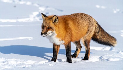 Fototapeta premium Wild Red Fox with Fluffy Tail Standing on Snow Field for Premium Animal Object and Wildlife Concept