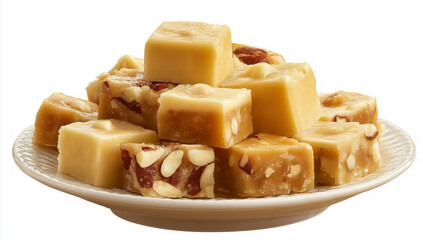  a plate of sweet fudge cubes and candies isolated on a white background