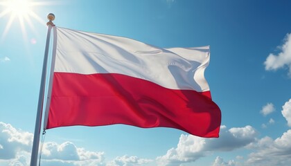 Polish national flag waves on flagpole under sunny blue sky with bright sunrays. White, red fabric moves in wind. National symbol represents Poland, freedom, patriotism. Flies high on clear day.