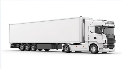 a white truck with a white trailer, side view, against a white background. the illustration is in a 3d rendering style, with high-resolution photography,