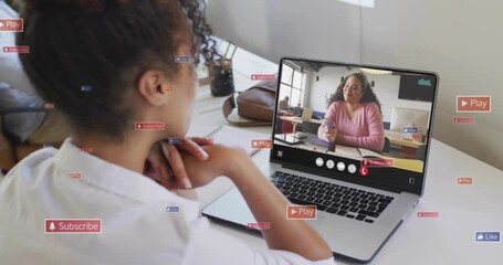 Mid adult woman joining business meeting causing subscribe like play icons to boost engagement