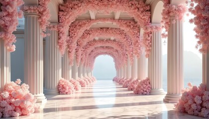 Elegant hall with rows of white columns and pink flowers. Romantic space for wedding ceremony or event. Floral decoration. Beautiful blossoms and marble floor with sunlight.